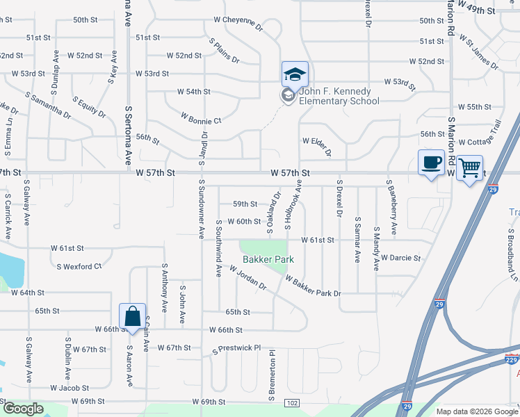 map of restaurants, bars, coffee shops, grocery stores, and more near 6205 West 59th Street in Sioux Falls