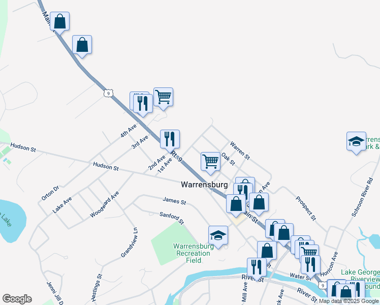 map of restaurants, bars, coffee shops, grocery stores, and more near 3 Hackensack Avenue in Warrensburg