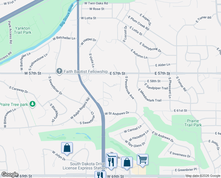 map of restaurants, bars, coffee shops, grocery stores, and more near 4909 South Heatherwood Circle in Sioux Falls