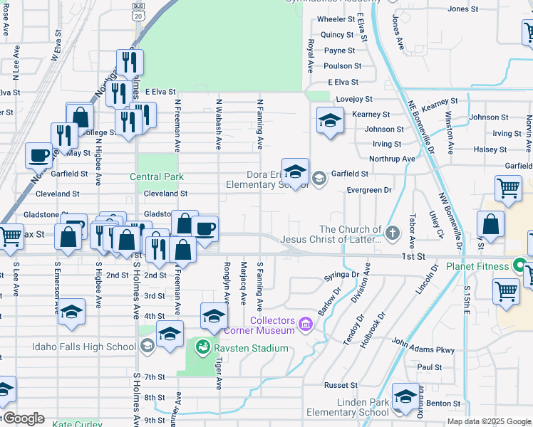 map of restaurants, bars, coffee shops, grocery stores, and more near 220 North Fanning Avenue in Idaho Falls