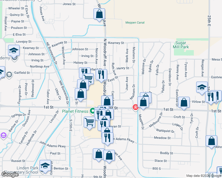map of restaurants, bars, coffee shops, grocery stores, and more near 290 Carol Avenue in Idaho Falls