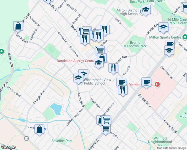 map of restaurants, bars, coffee shops, grocery stores, and more near 270 Duncan Lane in Milton