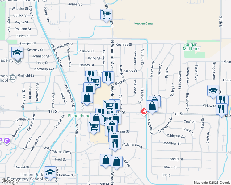 map of restaurants, bars, coffee shops, grocery stores, and more near 286 North Woodruff Avenue in Idaho Falls