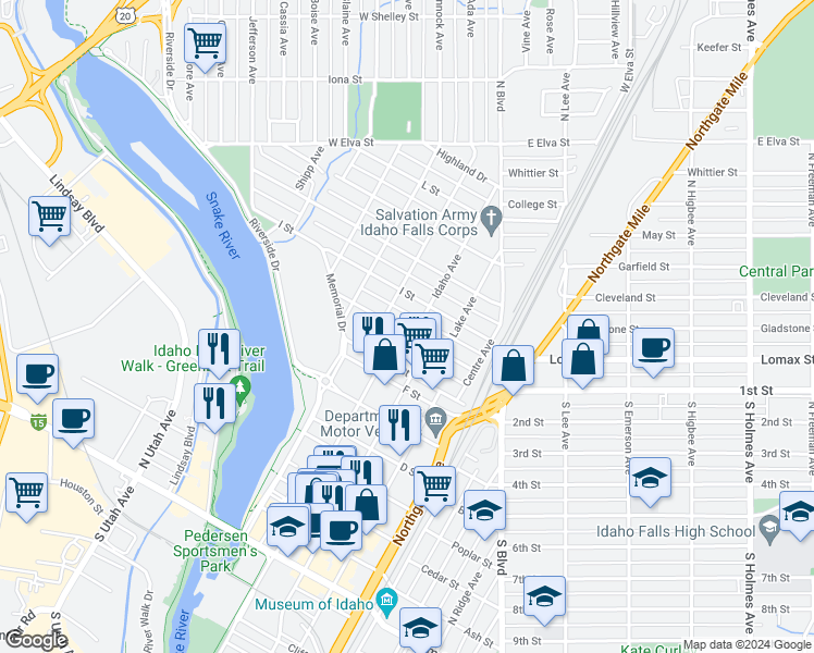 map of restaurants, bars, coffee shops, grocery stores, and more near 448 H Street in Idaho Falls