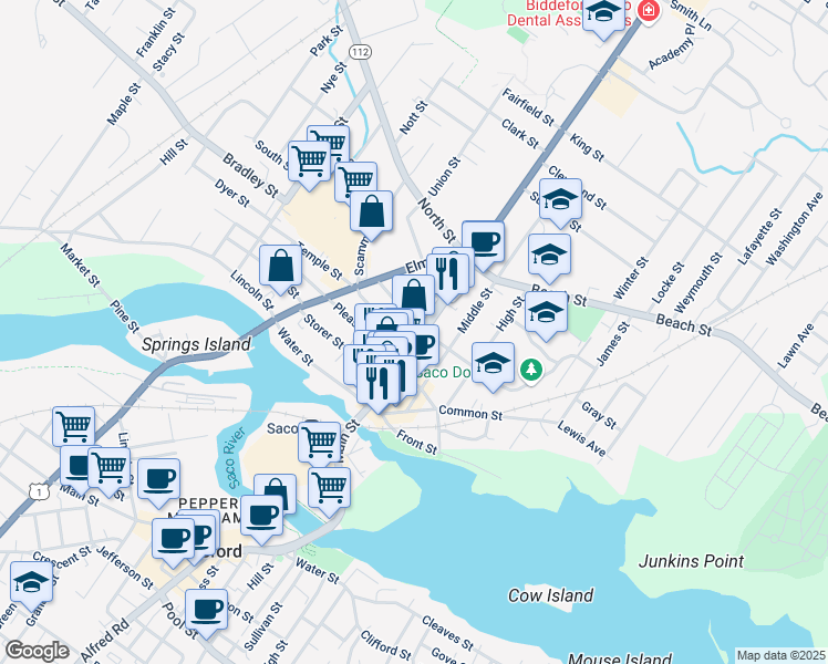 map of restaurants, bars, coffee shops, grocery stores, and more near in Saco