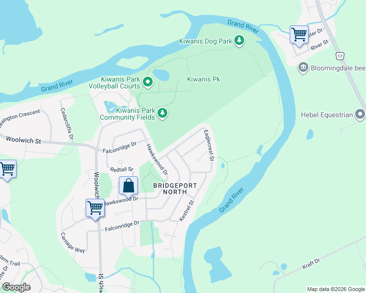 map of restaurants, bars, coffee shops, grocery stores, and more near 161 Eaglecrest Street in Kitchener