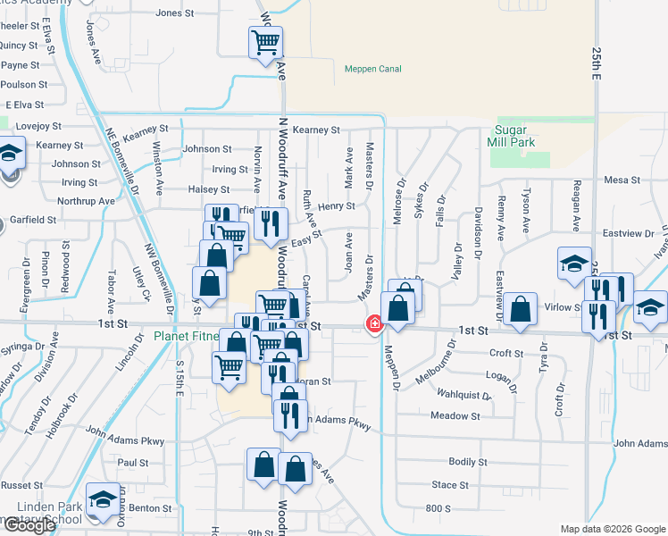 map of restaurants, bars, coffee shops, grocery stores, and more near 201-345 Joan Ave in Idaho Falls