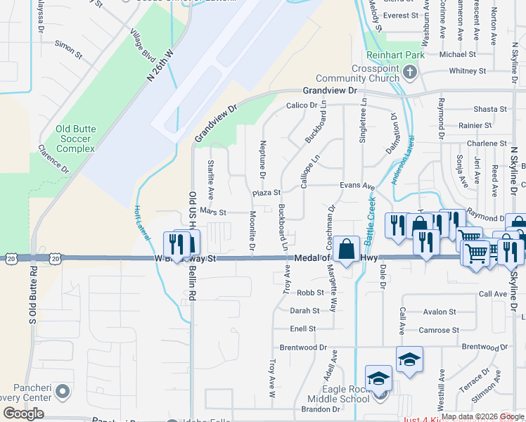 map of restaurants, bars, coffee shops, grocery stores, and more near 340 Moonlite Drive in Idaho Falls