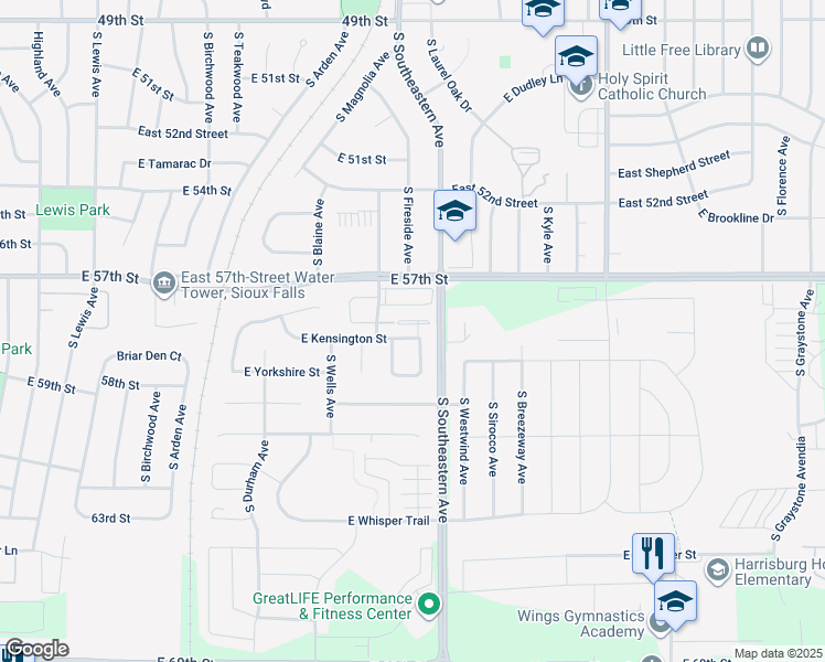 map of restaurants, bars, coffee shops, grocery stores, and more near 5152 Manchester Court in Sioux Falls