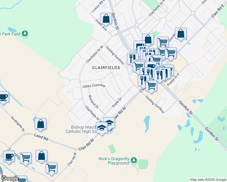 map of restaurants, bars, coffee shops, grocery stores, and more near 79 Munroe Crescent in Guelph