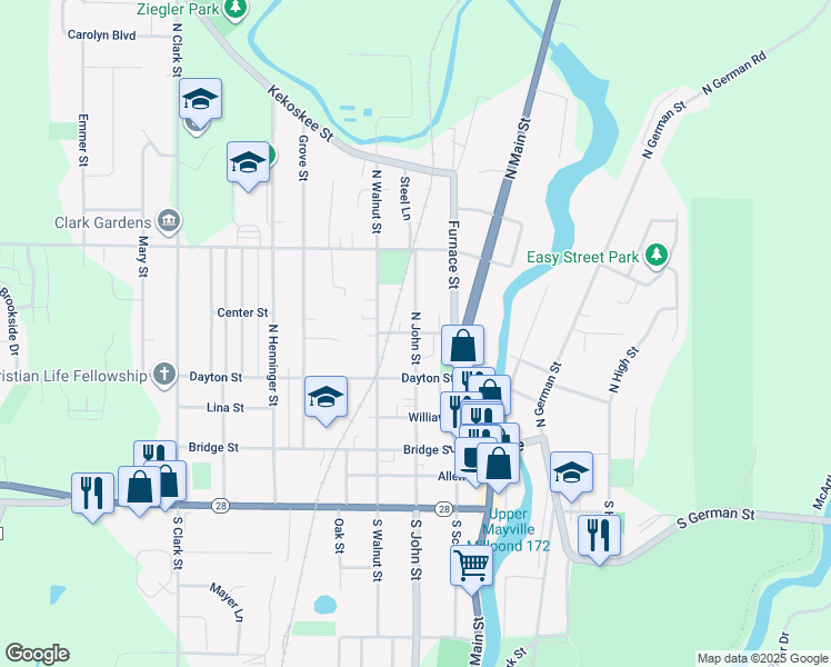 map of restaurants, bars, coffee shops, grocery stores, and more near Buchanan Street in Mayville