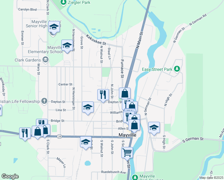 map of restaurants, bars, coffee shops, grocery stores, and more near Buchanan Street in Mayville