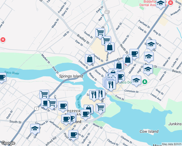 map of restaurants, bars, coffee shops, grocery stores, and more near 71 Water Street in Saco