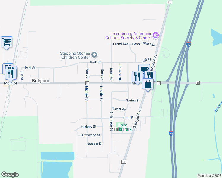 map of restaurants, bars, coffee shops, grocery stores, and more near 292 South Heritage Street in Belgium
