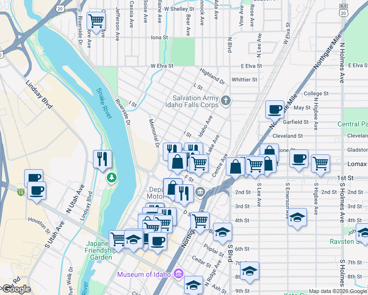 map of restaurants, bars, coffee shops, grocery stores, and more near 451 H Street in Idaho Falls