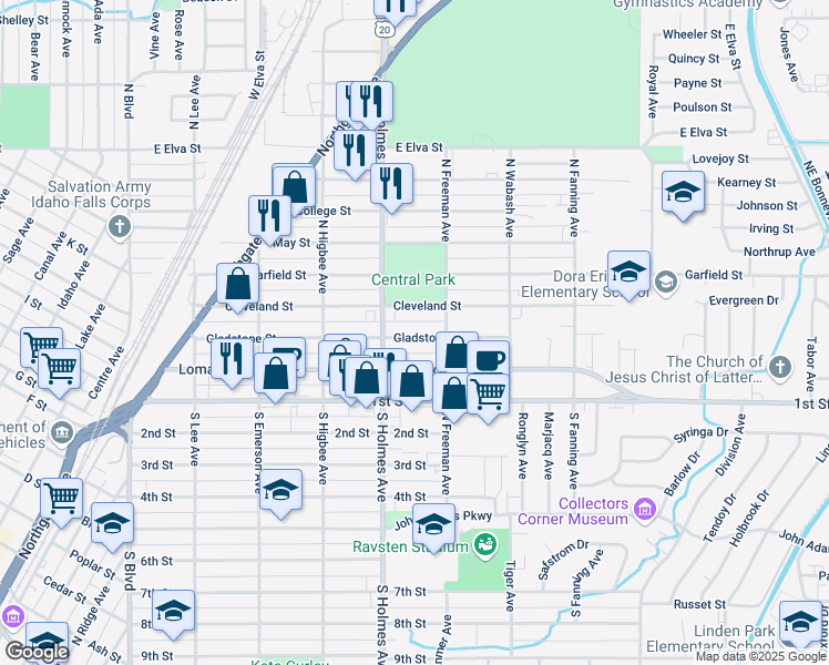 map of restaurants, bars, coffee shops, grocery stores, and more near 557 Gladstone Street in Idaho Falls