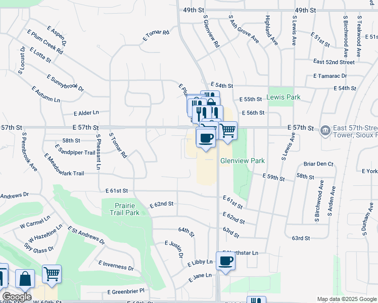 map of restaurants, bars, coffee shops, grocery stores, and more near 5000 South Mac Arthur Lane in Sioux Falls