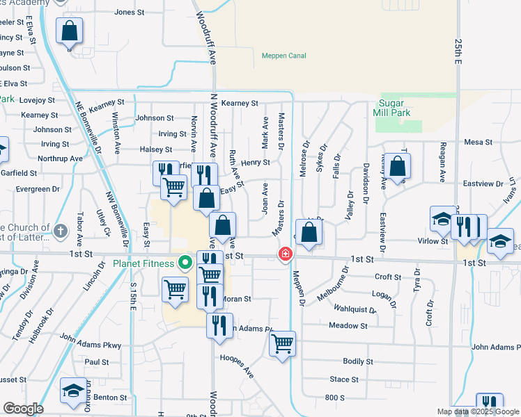map of restaurants, bars, coffee shops, grocery stores, and more near 345 Joan Avenue in Idaho Falls