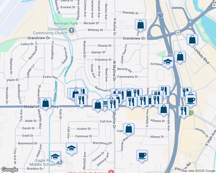 map of restaurants, bars, coffee shops, grocery stores, and more near 1600-1624 Raymond Drive in Idaho Falls