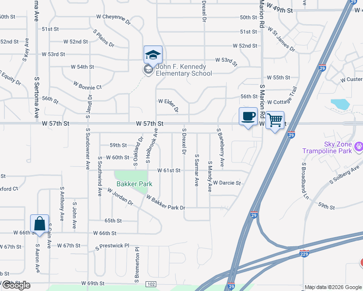 map of restaurants, bars, coffee shops, grocery stores, and more near 5201 South Drexel Drive in Sioux Falls