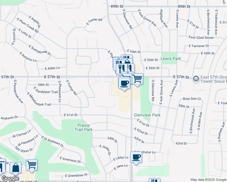 map of restaurants, bars, coffee shops, grocery stores, and more near 5000 South Mac Arthur Lane in Sioux Falls