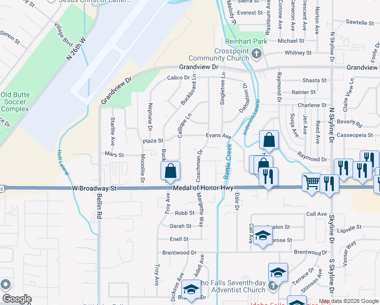 map of restaurants, bars, coffee shops, grocery stores, and more near 547 Coachman Drive in Idaho Falls