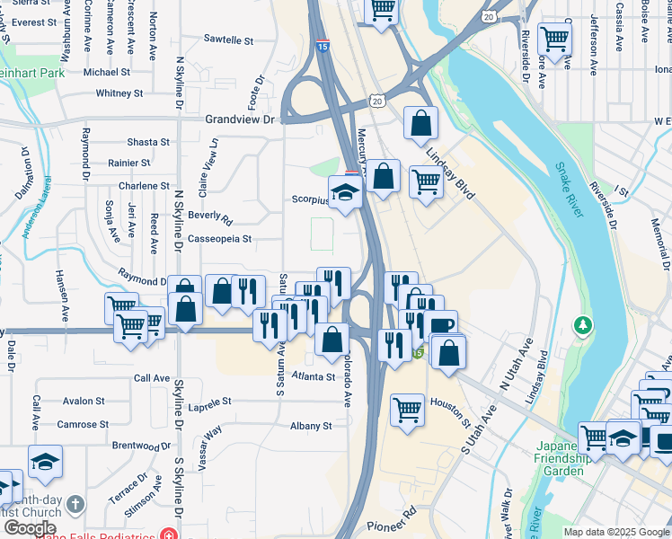 map of restaurants, bars, coffee shops, grocery stores, and more near 1471 Mountain View Ln in Idaho Falls