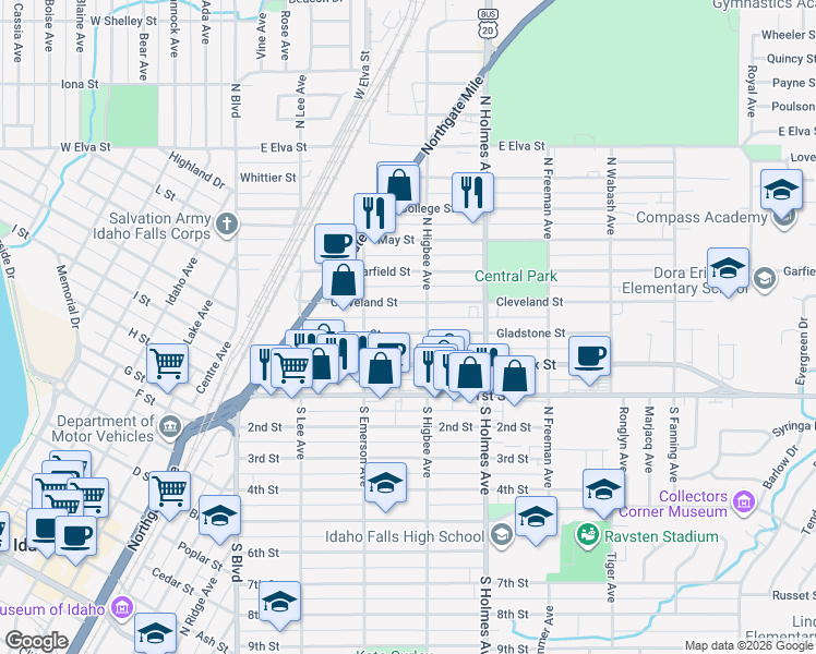 map of restaurants, bars, coffee shops, grocery stores, and more near 346 Gladstone St in Idaho Falls