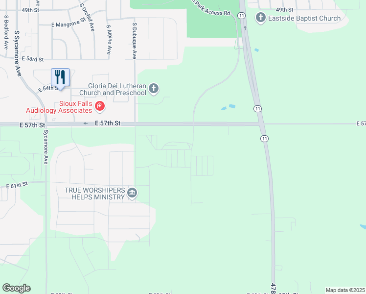 map of restaurants, bars, coffee shops, grocery stores, and more near 47765 East 57th Street in Harrisburg