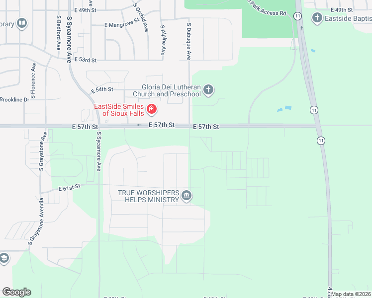 map of restaurants, bars, coffee shops, grocery stores, and more near 47739 East 57th Street in Sioux Falls