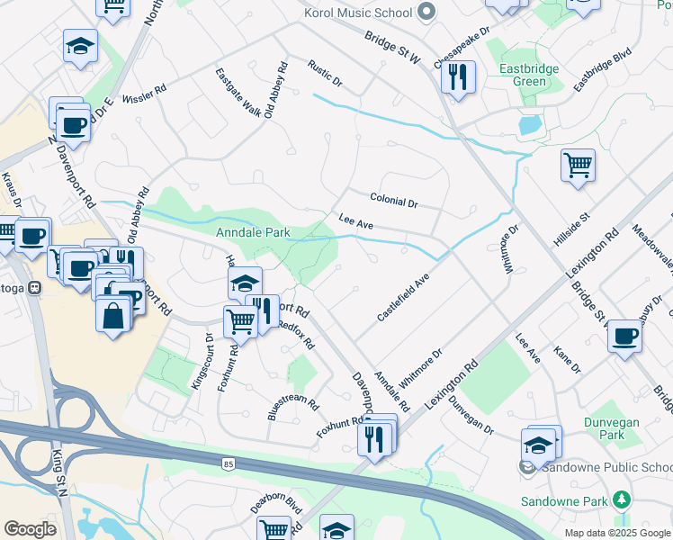 map of restaurants, bars, coffee shops, grocery stores, and more near Anndale Court in Waterloo