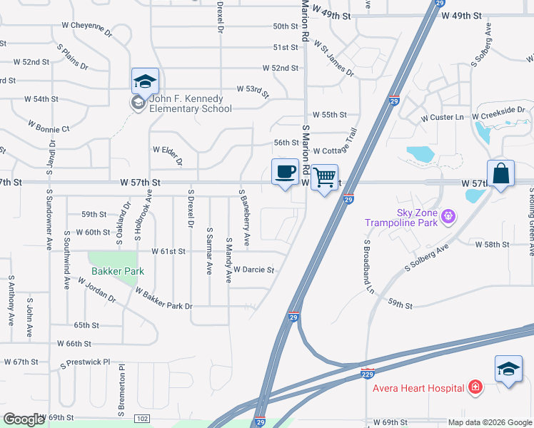 map of restaurants, bars, coffee shops, grocery stores, and more near 5107 South Marion Road in Sioux Falls