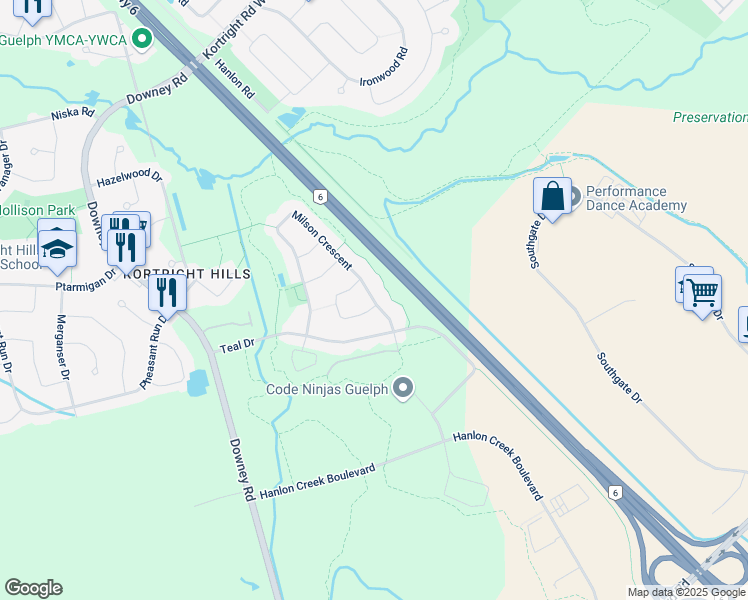 map of restaurants, bars, coffee shops, grocery stores, and more near 23 Milson Crescent in Guelph