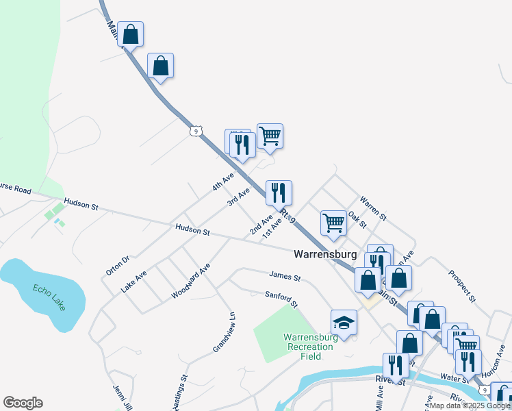 map of restaurants, bars, coffee shops, grocery stores, and more near 5 Thomson Street in Warrensburg