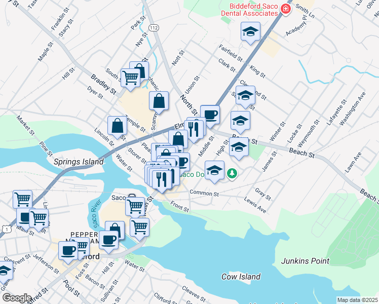 map of restaurants, bars, coffee shops, grocery stores, and more near in Saco