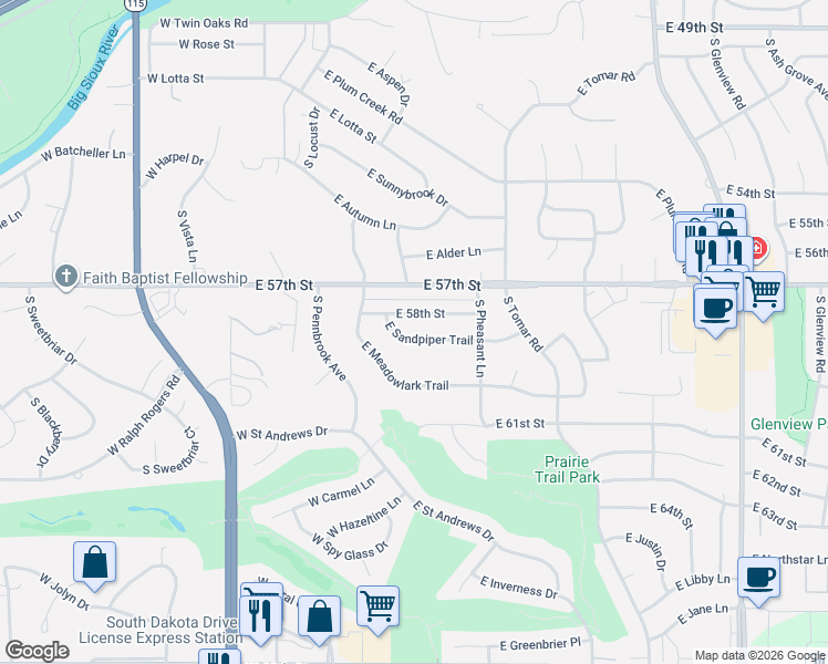 map of restaurants, bars, coffee shops, grocery stores, and more near 525 East Sandpiper Trail in Sioux Falls