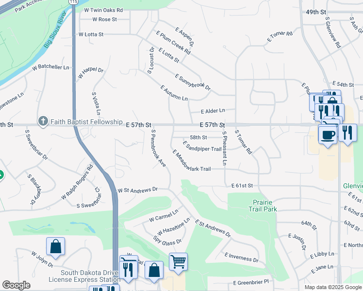 map of restaurants, bars, coffee shops, grocery stores, and more near 4900-5998 S Twin Ridge Rd in Sioux Falls