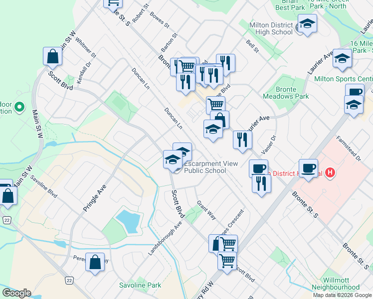 map of restaurants, bars, coffee shops, grocery stores, and more near 351 Giddings Crescent in Milton