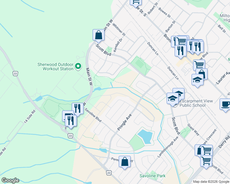 map of restaurants, bars, coffee shops, grocery stores, and more near 617 Wettlaufer Terrace in Milton
