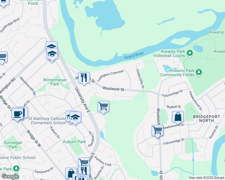 map of restaurants, bars, coffee shops, grocery stores, and more near 532 Wismer Street in Waterloo