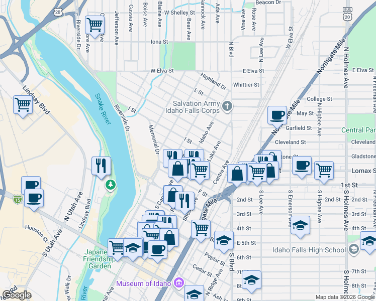 map of restaurants, bars, coffee shops, grocery stores, and more near 451 H Street in Idaho Falls