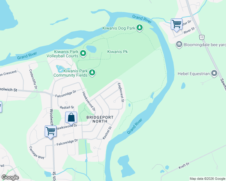 map of restaurants, bars, coffee shops, grocery stores, and more near 908 Eaglecrest Court in Kitchener