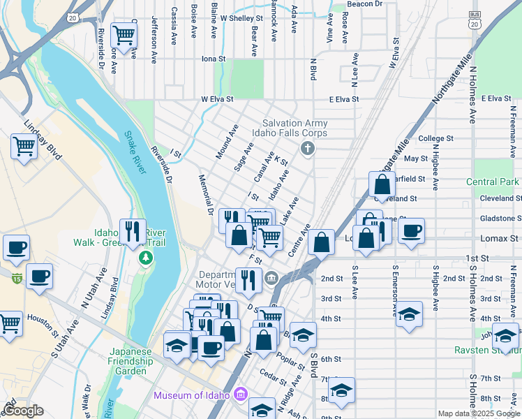 map of restaurants, bars, coffee shops, grocery stores, and more near 374 H Street in Idaho Falls