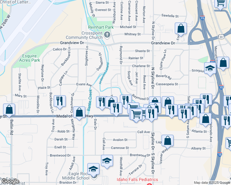 map of restaurants, bars, coffee shops, grocery stores, and more near 202 Hansen Avenue in Idaho Falls