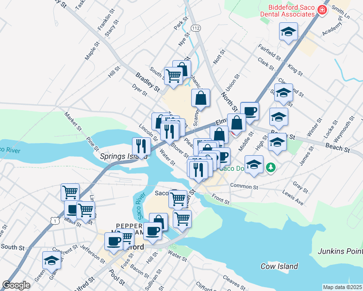 map of restaurants, bars, coffee shops, grocery stores, and more near 56 Storer Street in Saco