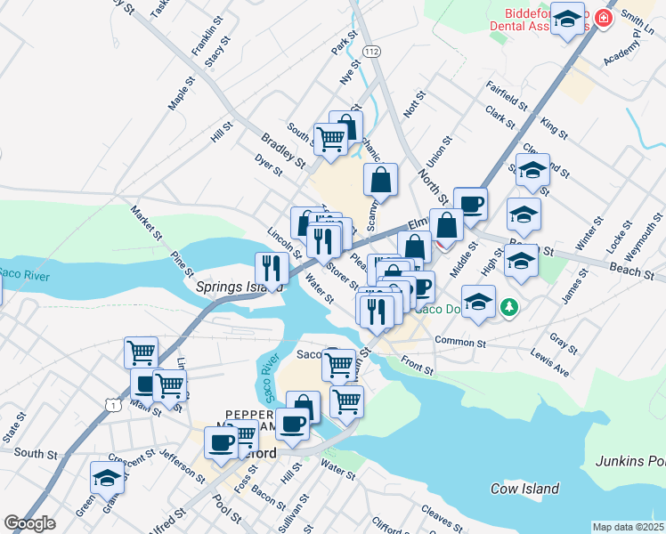 map of restaurants, bars, coffee shops, grocery stores, and more near 56 Storer Street in Saco