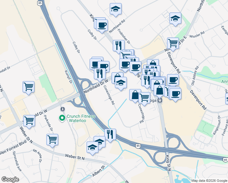 map of restaurants, bars, coffee shops, grocery stores, and more near 50 Durward Place in Waterloo