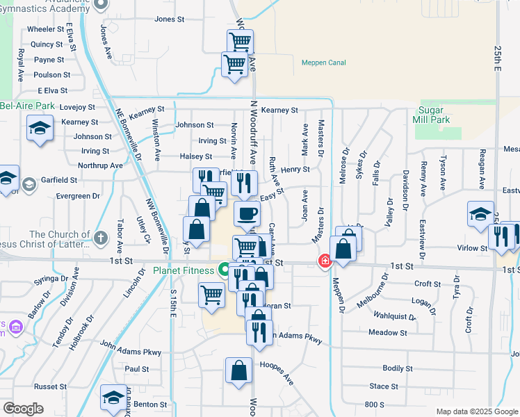 map of restaurants, bars, coffee shops, grocery stores, and more near 286 North Woodruff Avenue in Idaho Falls