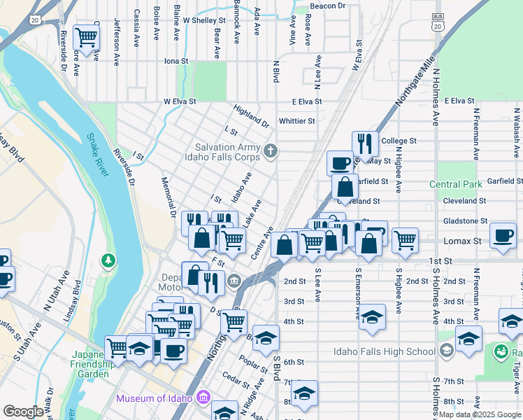 map of restaurants, bars, coffee shops, grocery stores, and more near 1100 Lake Avenue in Idaho Falls
