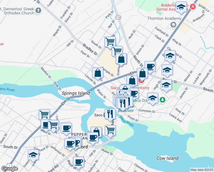 map of restaurants, bars, coffee shops, grocery stores, and more near 56 Storer Street in Saco